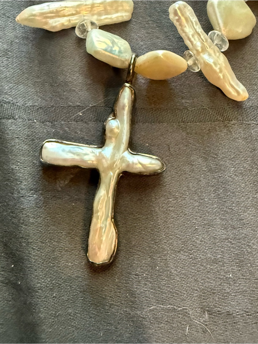 Vintage Sterling Silver .925 Mother Of Pearl Cross & Beads Necklace Gorgeous